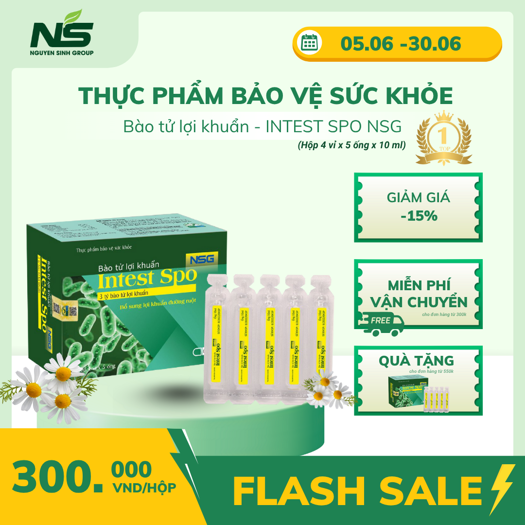 Bổ sung lợi khuẩn đường ruột - Thực phẩm bảo vệ sức khỏe Bào tử lợi khuẩn INTEST SPO NSG (Hộp 4 vỉ x 5 ống x 10 ml)